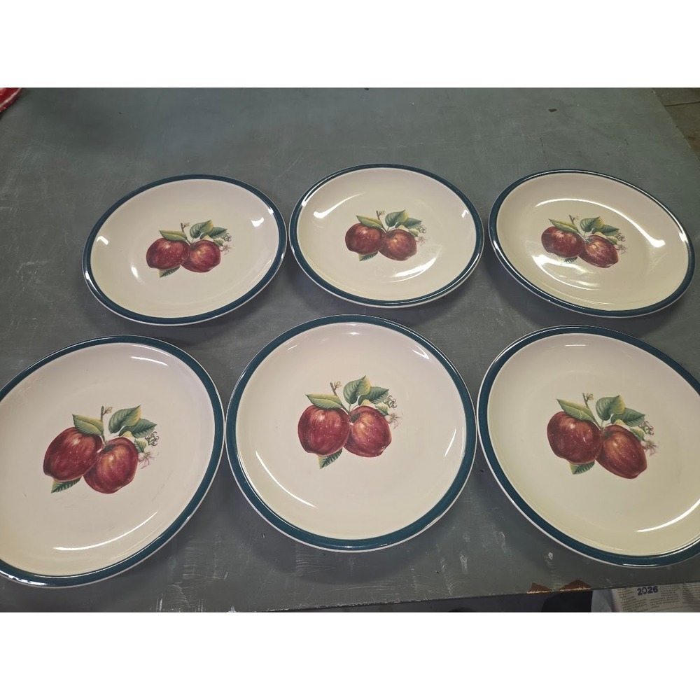 Casuals by China Pearl Apple Dinner Plates Set of 6 Cream Teal Rim 10.5 Inch
